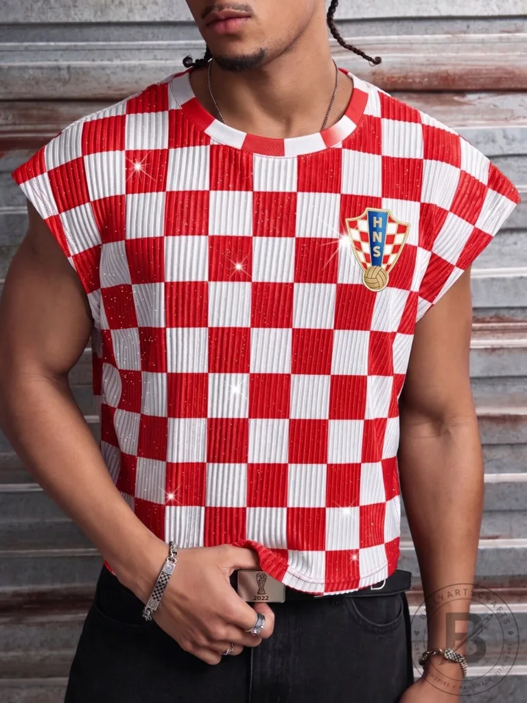 Croatia Football Federation Checkered Pattern Sparkle Tank Top
