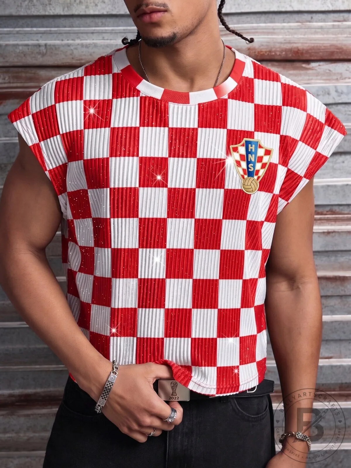 Croatia Football Federation Checkered Pattern Sparkle Tank Top