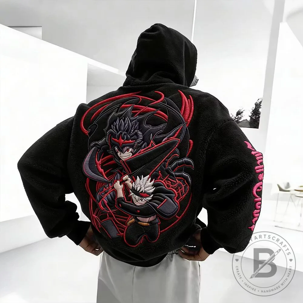 Black Clover Asta and Liebe Demon Form Anime Embroidered Plush Hoodie
