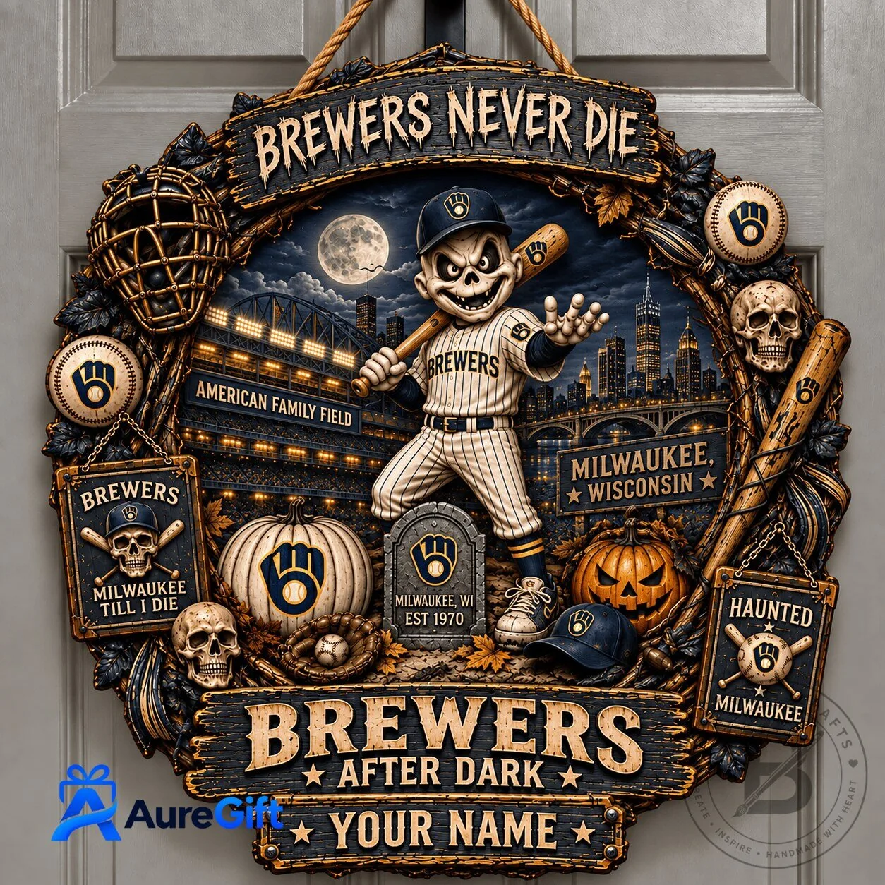 Milwaukee Brewers Baseball Halloween Wooden Door Sign, Spooky Baseball Fan Decor