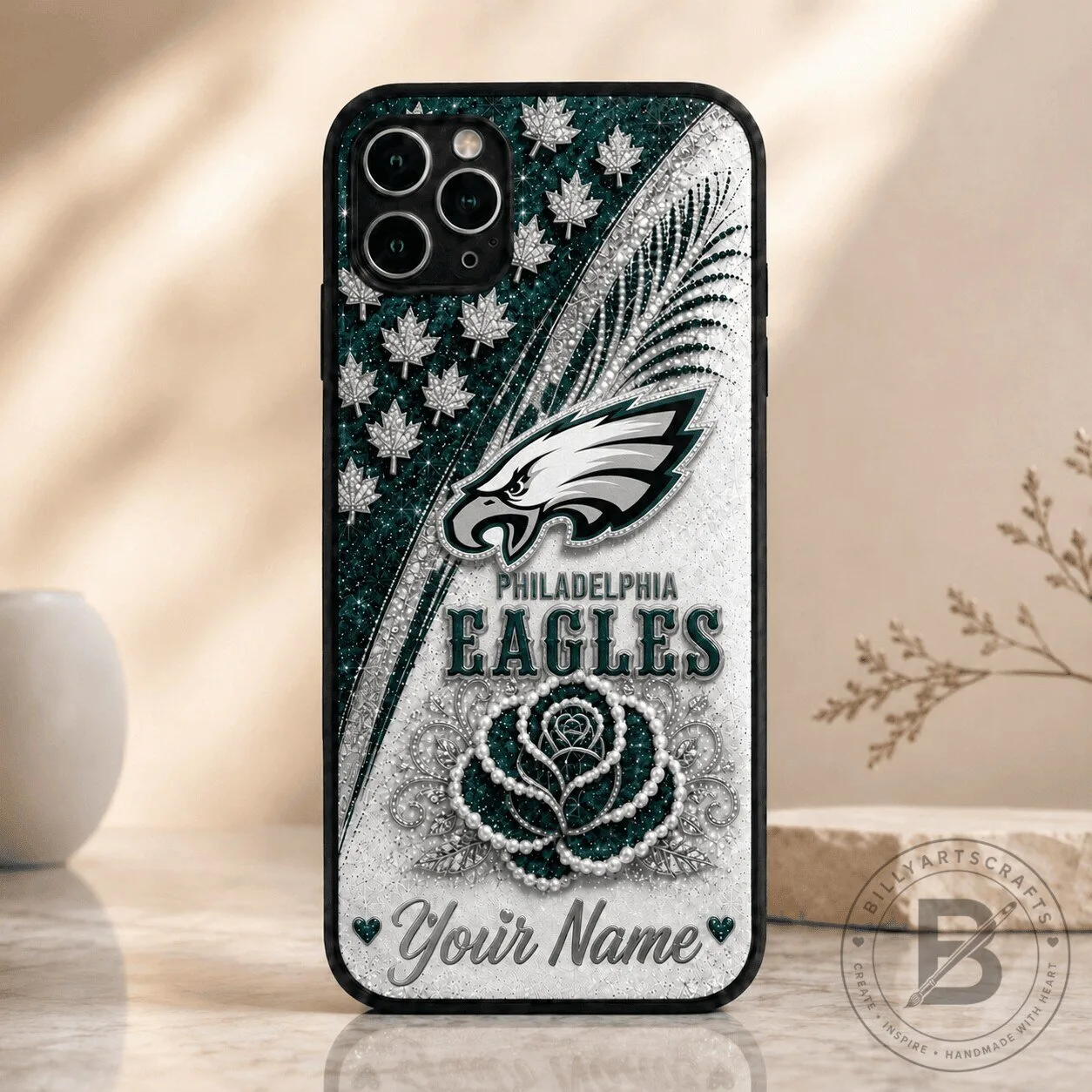 Philadelphia Eagles Personalized Glitter Rose Design Phone Case
