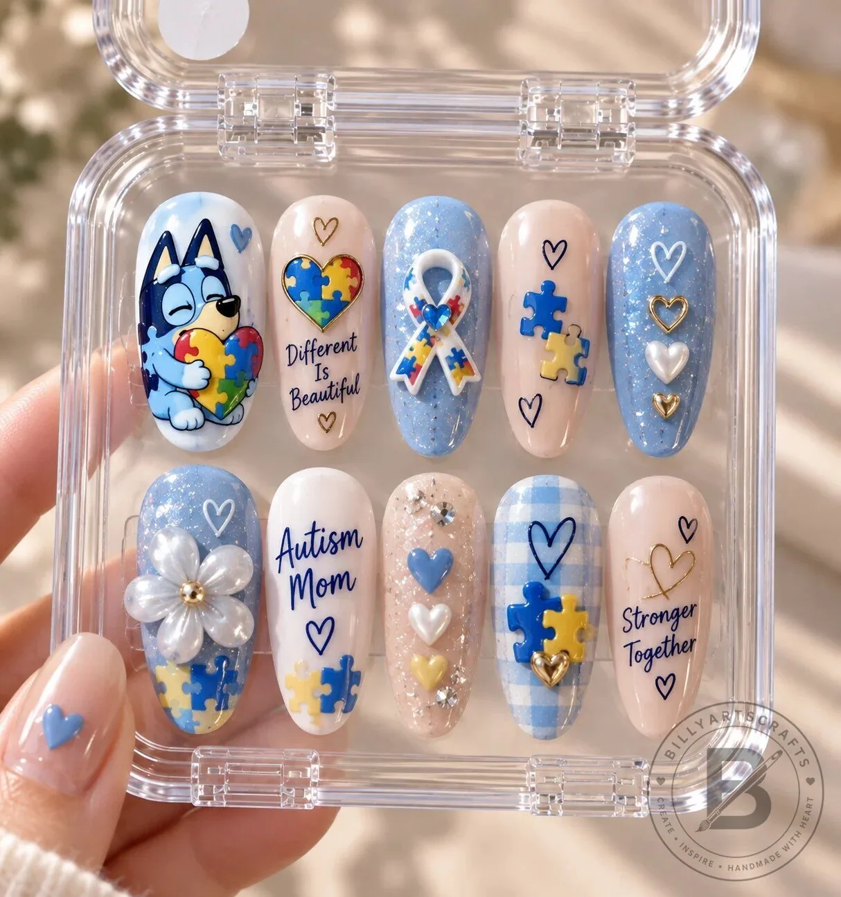 Autism Awareness Bluey Cartoon Character Press-On Nails Set for Moms