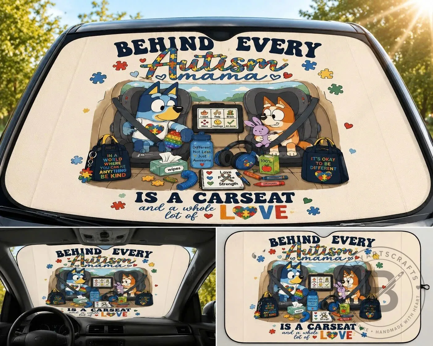 Behind Every Autism Mama Bluey and Bingo Car Front Windshield Sunshade