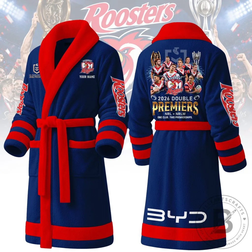 Sydney Roosters 2026 Double Premiers NRL Rugby League Fleece Bathrobe Sydney Roosters 2026 Double Premiers NRL Rugby League Fleece Bathrobe