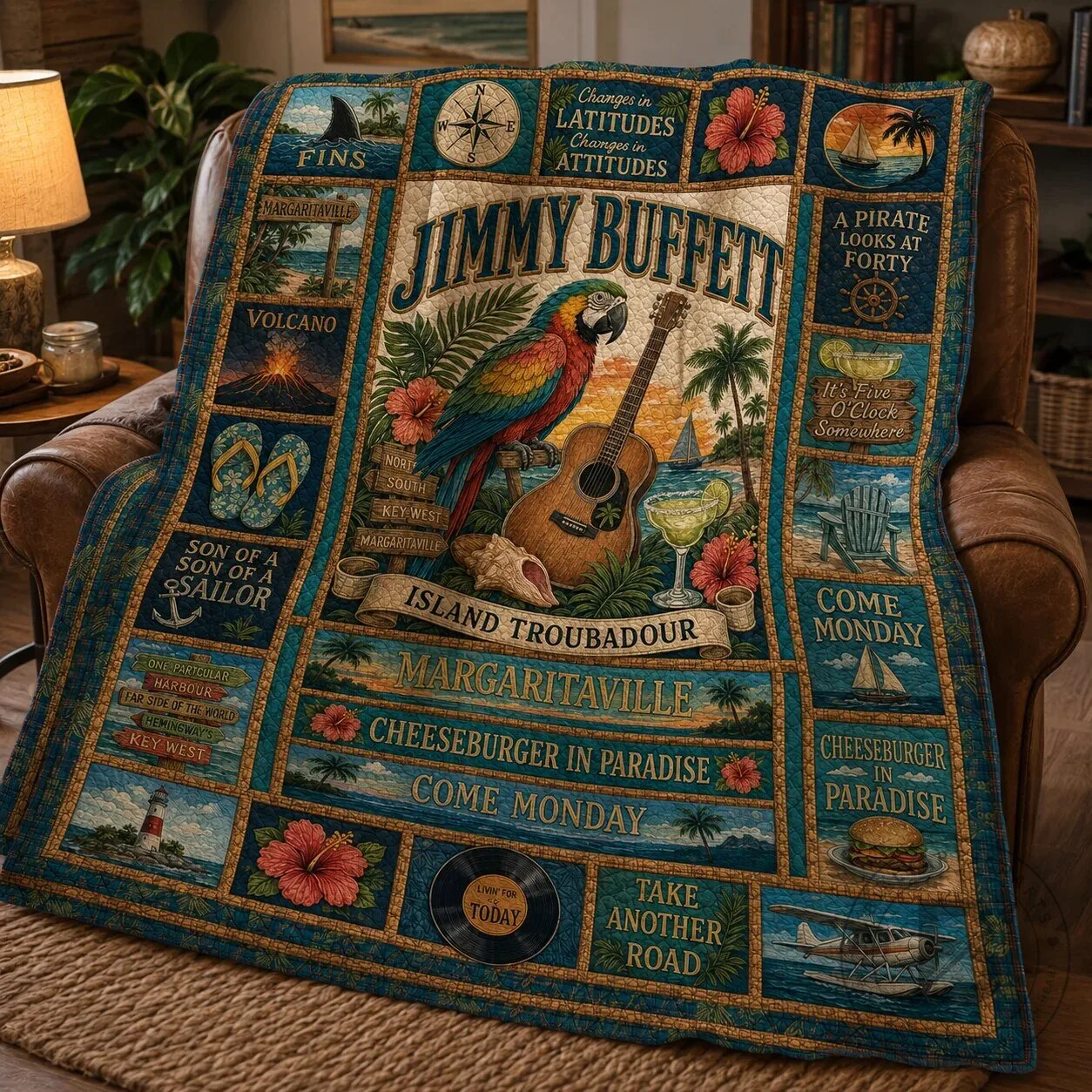 Jimmy Buffett Margaritaville Island Troubadour Parrot Guitar Quilted Blanket