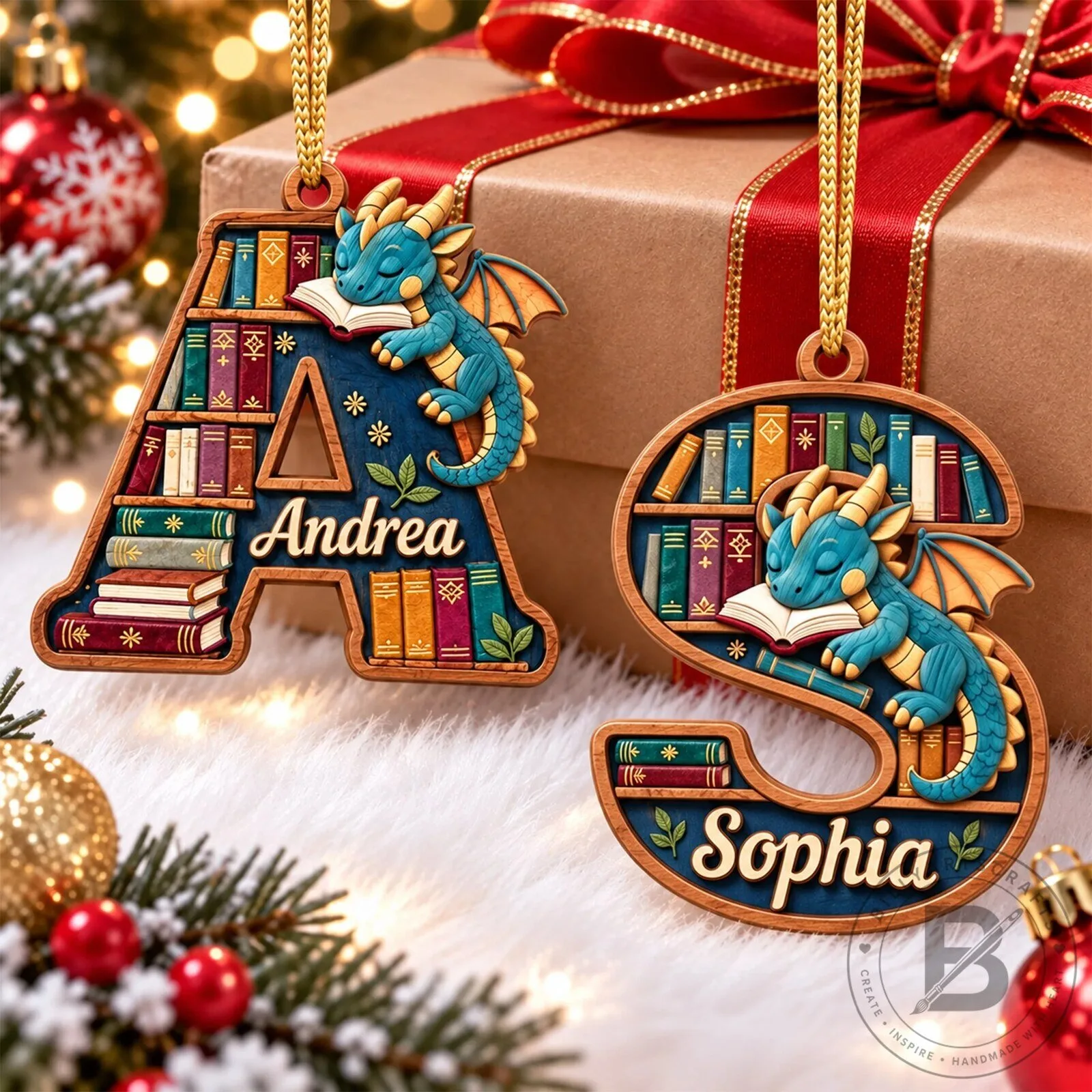 Personalized Dragon Alphabet Book Lover Christmas Tree Ornament