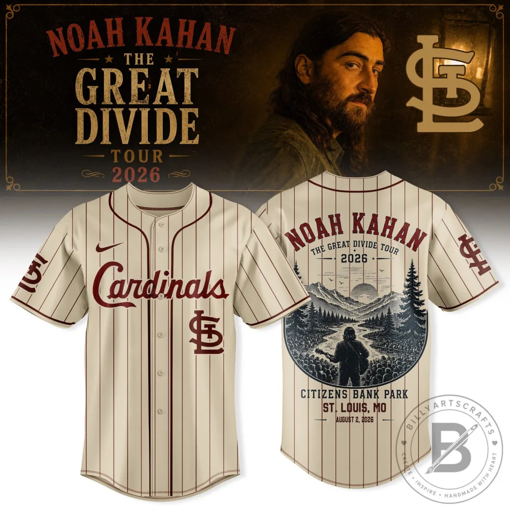 Noah Kahan The Great Divide Tour 2026 St. Louis Cardinals Baseball Jersey Noah Kahan The Great Divide Tour 2026 St. Louis Cardinals Baseball Jersey
