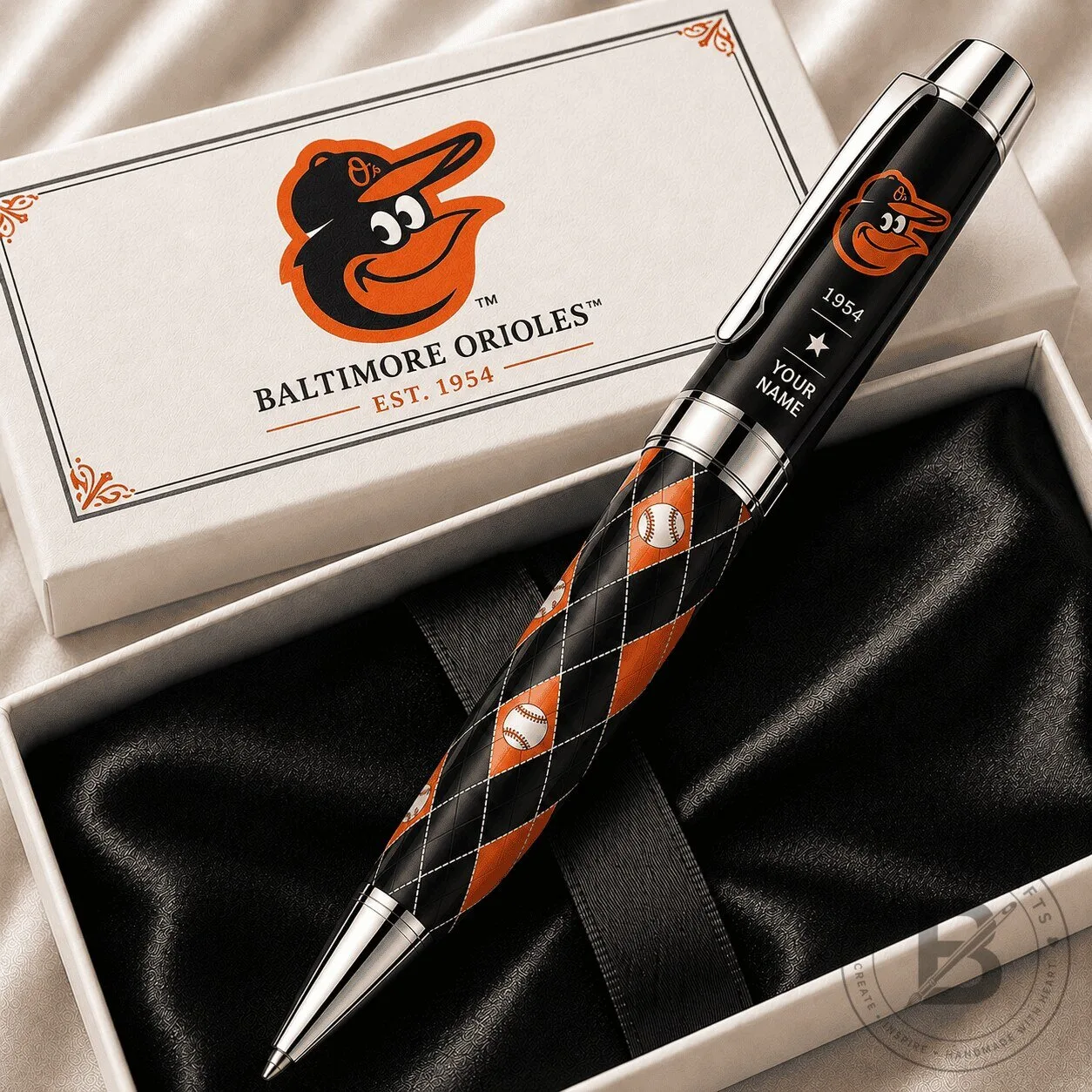 Baltimore Orioles Baseball Team Black and Orange Diamond Pattern Ballpoint Pen