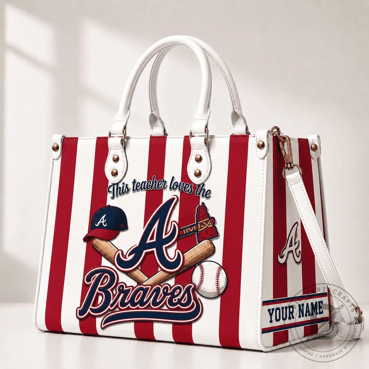 Atlanta Braves Baseball Team Striped Personalized Teacher Handbag