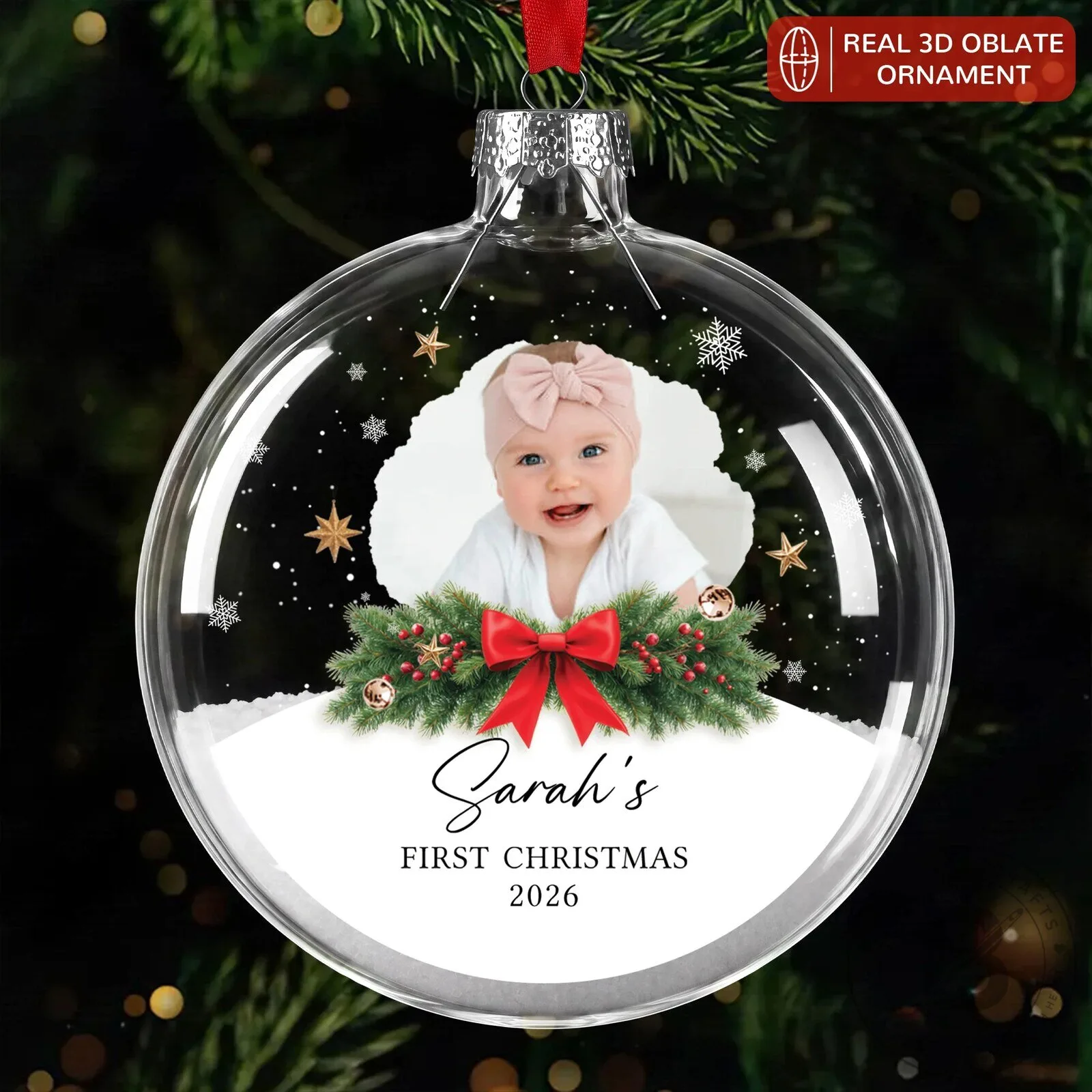 Personalized Baby First Christmas Photo Glass Bauble Ornament