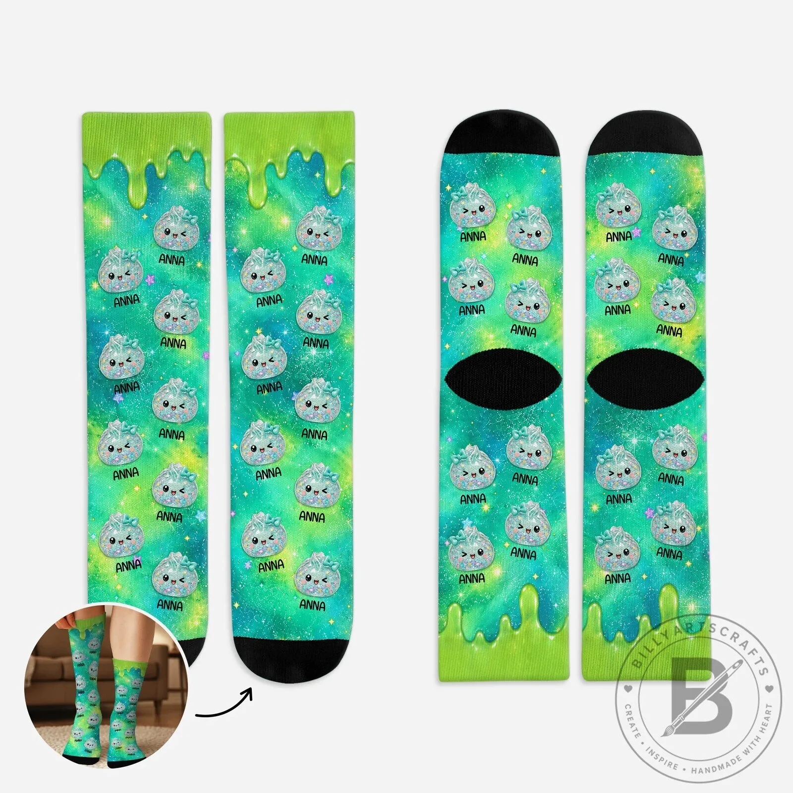 Personalized Dumpling Pattern Green Galaxy Custom Name Socks