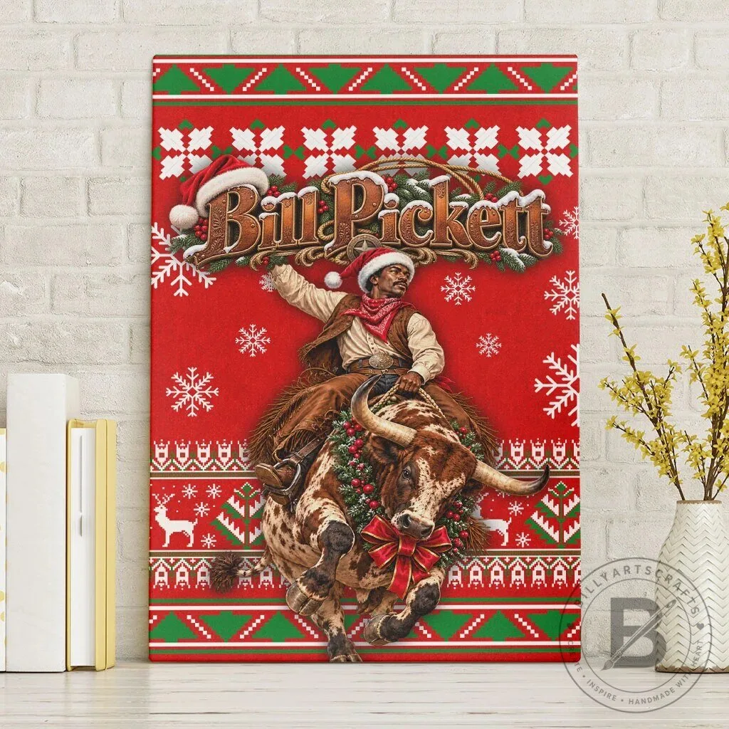 Bill Pickett Christmas Cowboy Rodeo Ugly Sweater Style Canvas Wall Art