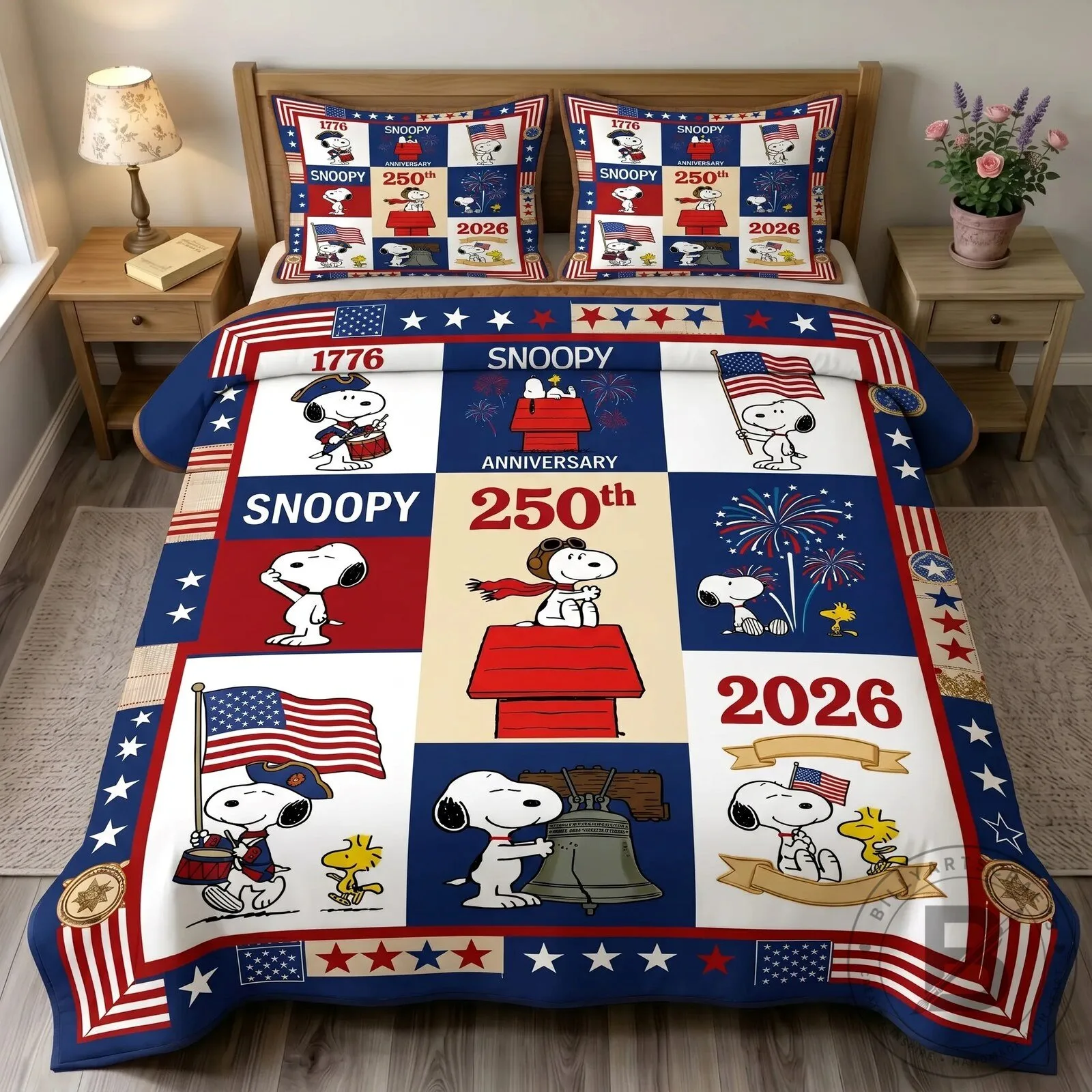 Snoopy 250th Anniversary 1776-2026 American Flag Quilt Bedding Set