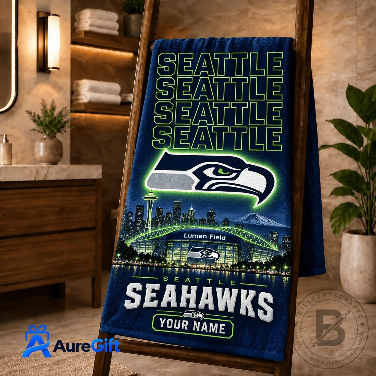 Seattle Seahawks Lumen Field Skyline Personalized Bath Towel