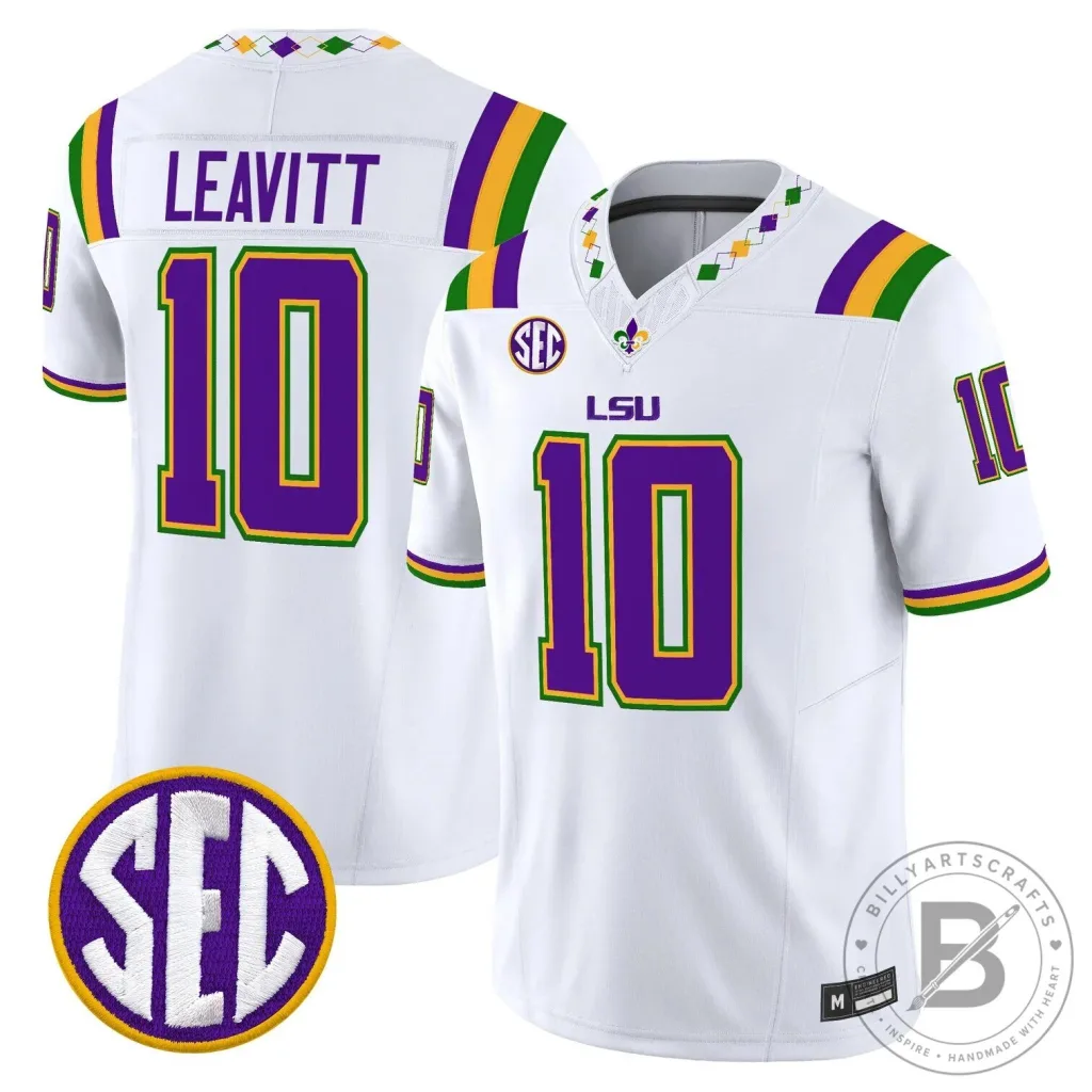 LSU Tigers Mardi Gras Edition Football Jersey - White Number 10 Leavitt LSU Tigers Mardi Gras Edition Football Jersey - White Number 10 Leavitt