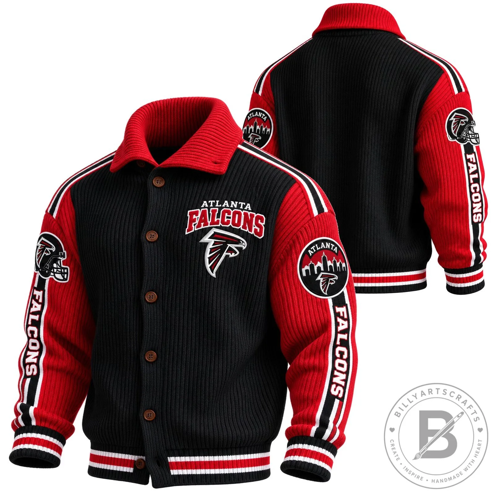 Atlanta Falcons NFL Football Team Black and Red Knit Cardigan Jacket