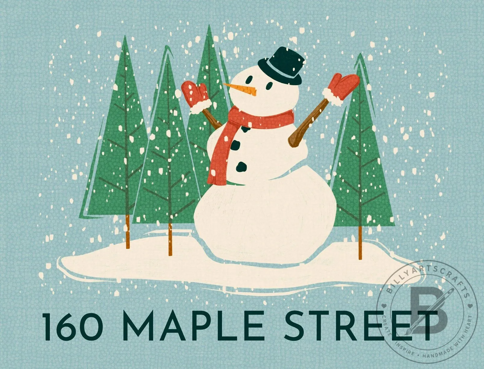 Winter Snowman Custom Address Sign with Pine Trees and Falling Snow