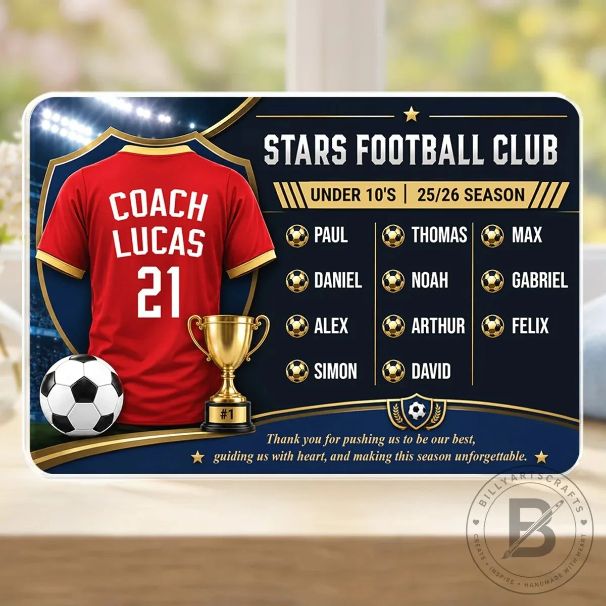Stars Football Club Personalized Coach and Team Roster Acrylic Plaque Gift