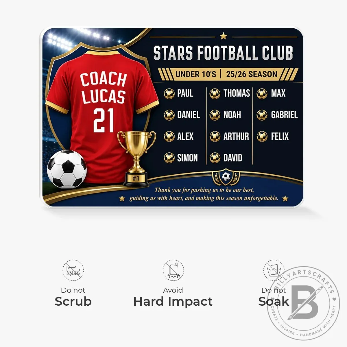Stars Football Club Personalized Coach and Team Roster Acrylic Plaque Gift 12 Stars Football Club Personalized Coach and Team Roster Acrylic Plaque Gift