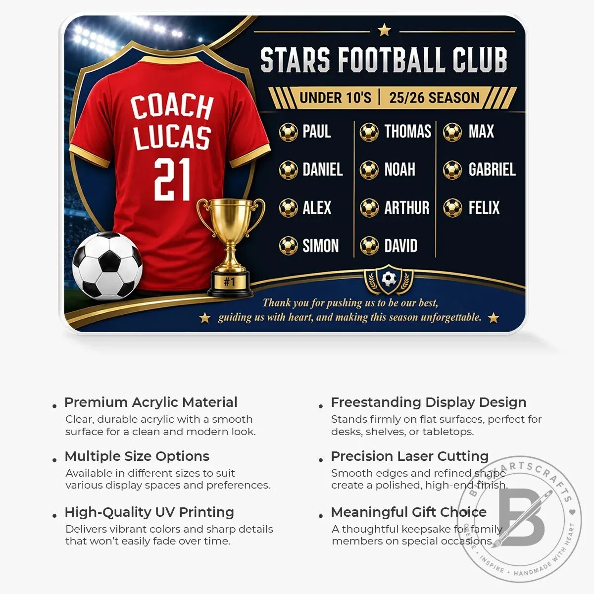 Stars Football Club Personalized Coach and Team Roster Acrylic Plaque Gift 13 Stars Football Club Personalized Coach and Team Roster Acrylic Plaque Gift