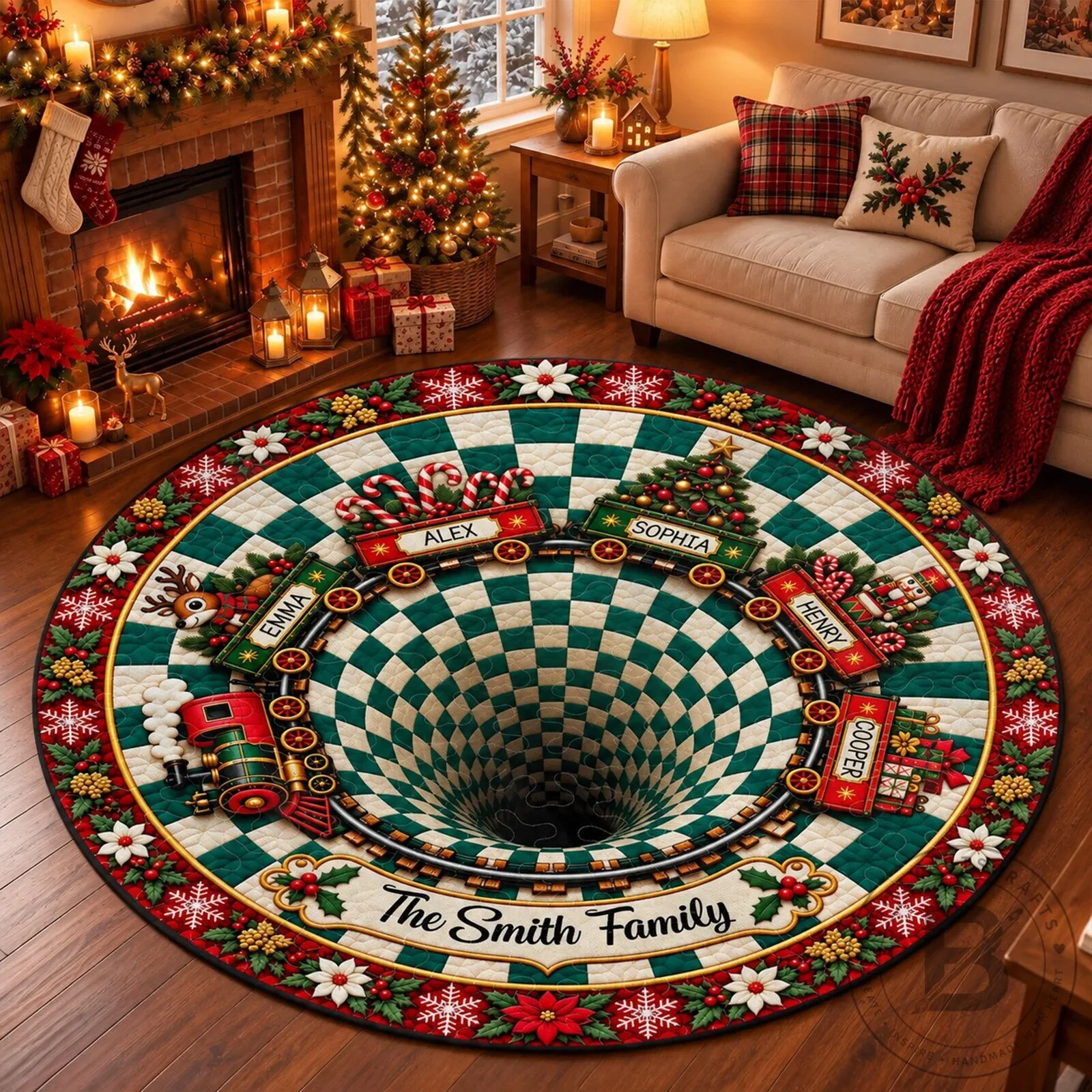 Personalized Christmas Train Family Name Checkerboard Round Floor Rug
