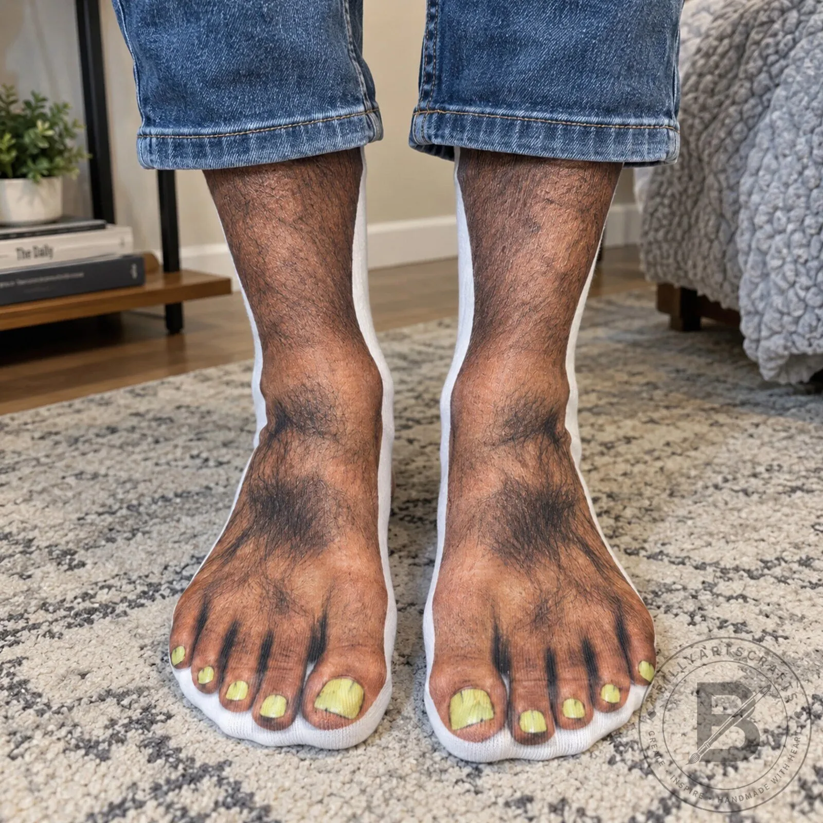 Hairy Feet Funny Novelty Socks with Yellow Toenails, Gag Gift for Men and Women