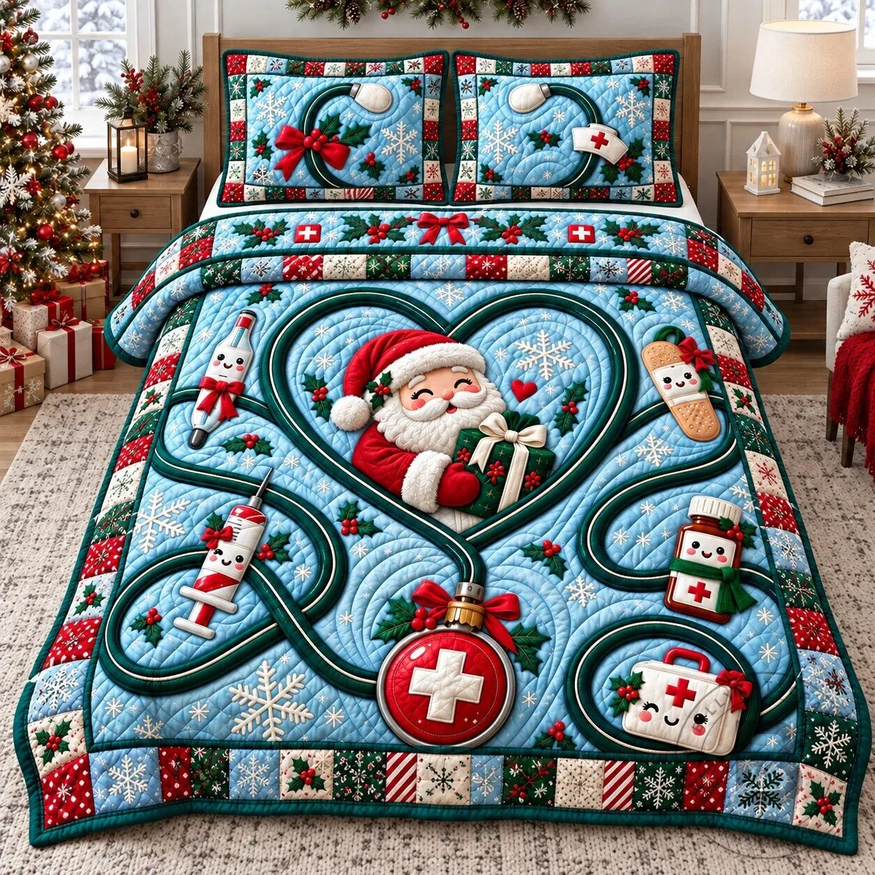 Christmas Santa Claus Doctor Nurse Medical Heartbeat Quilted Bedding Set