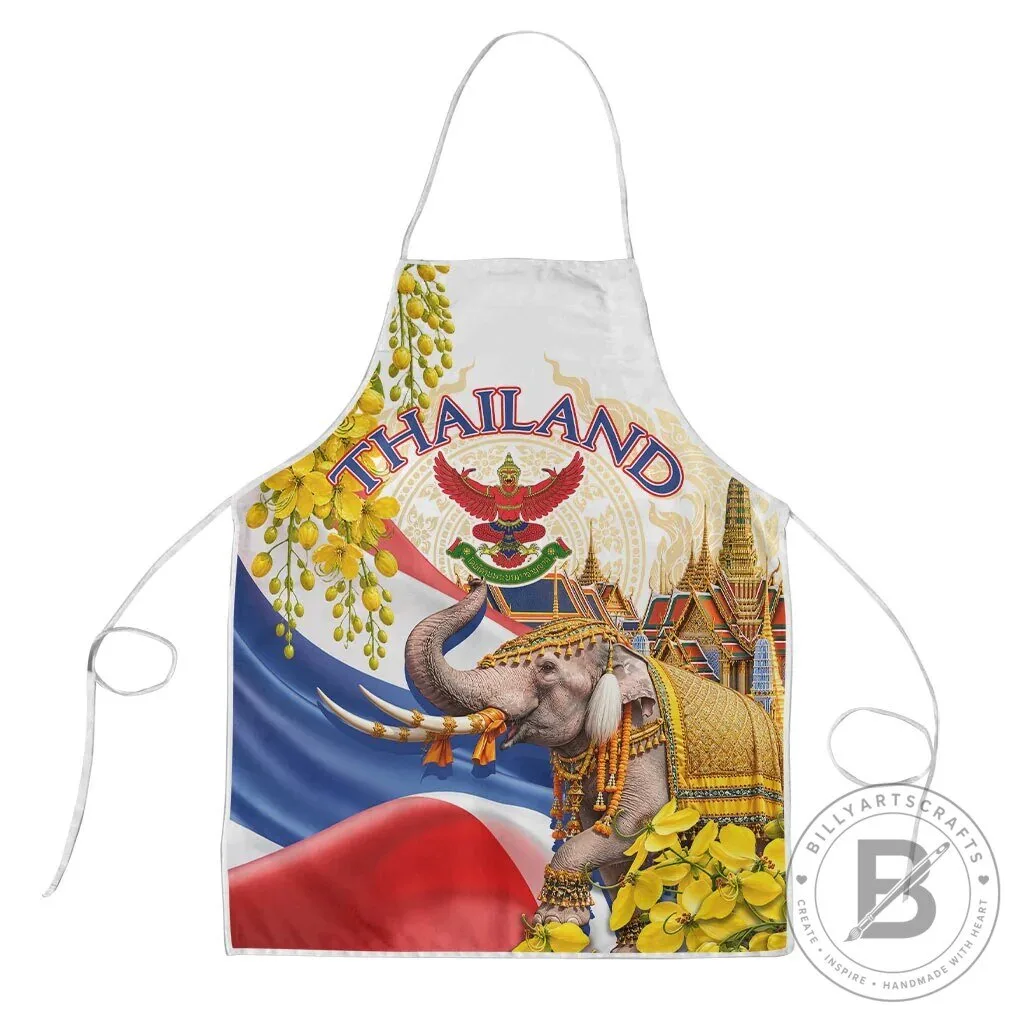 Thailand Golden Elephant and Temple with Flag Design Apron