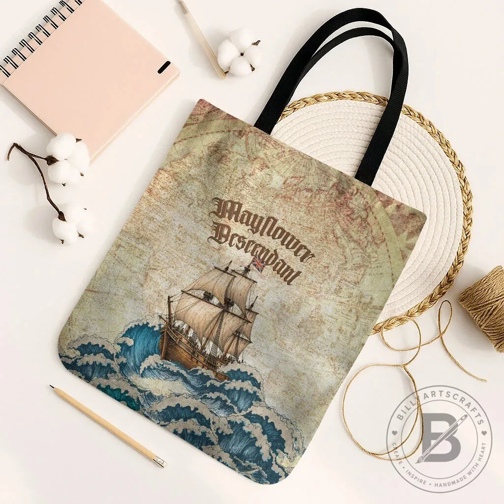 Mayflower Descendant Ship Vintage Nautical Map Ocean Waves Tote Bag