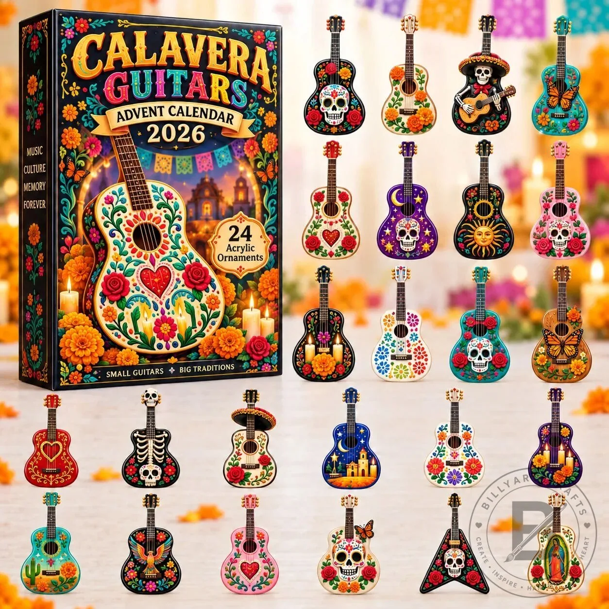 Day of the Dead Calavera Guitars Advent Calendar 2026 with 24 Acrylic Ornaments