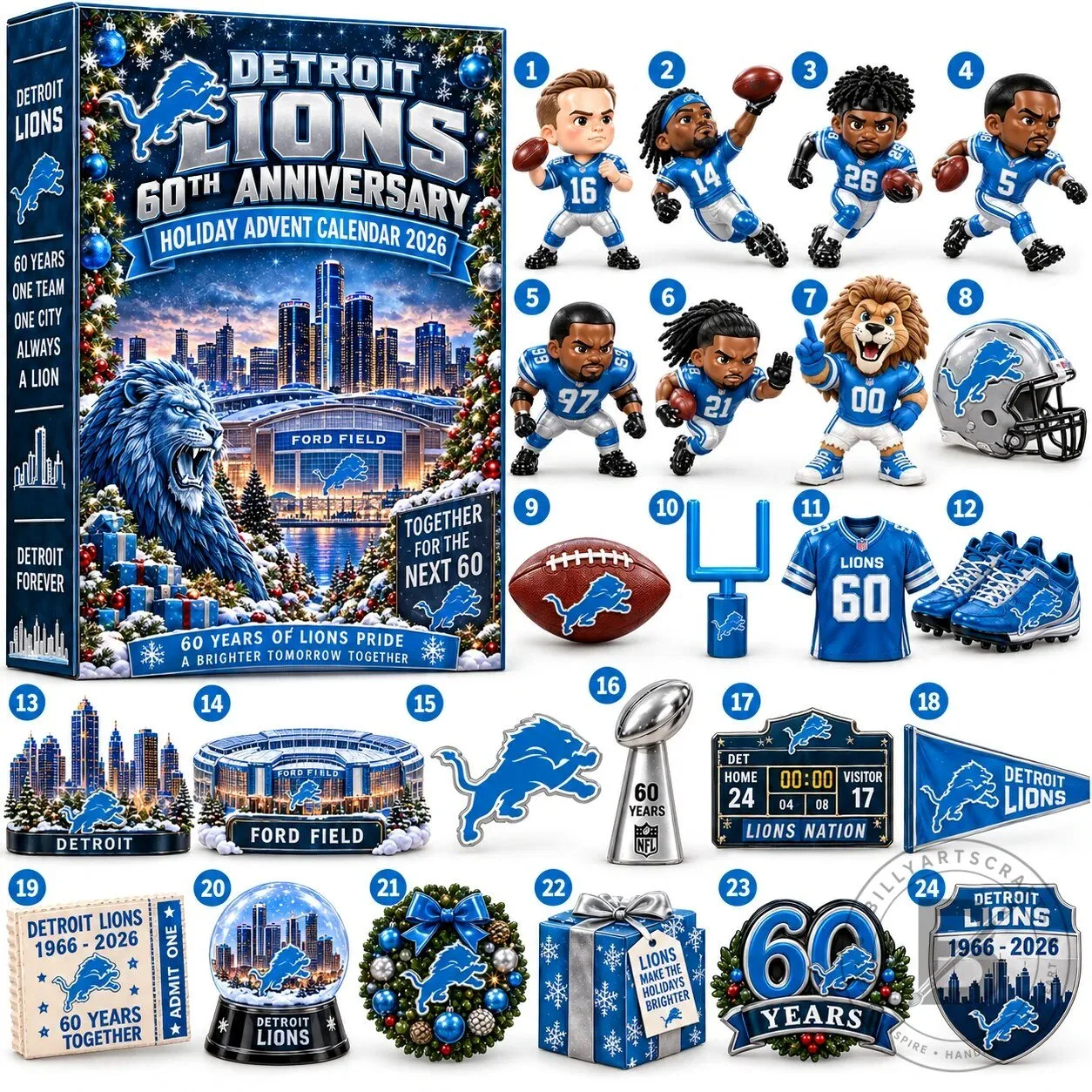 Detroit Lions 60th Anniversary Holiday Advent Calendar 2026 with 24 Collectibles