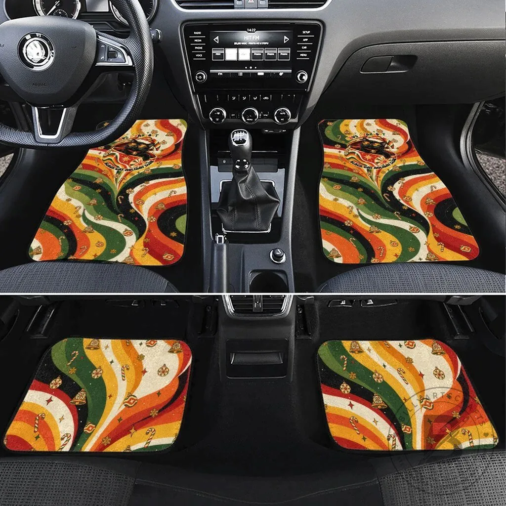 Groovy Christmas Black Cat Vintage Retro Holiday Waves Pattern Car Mat Set