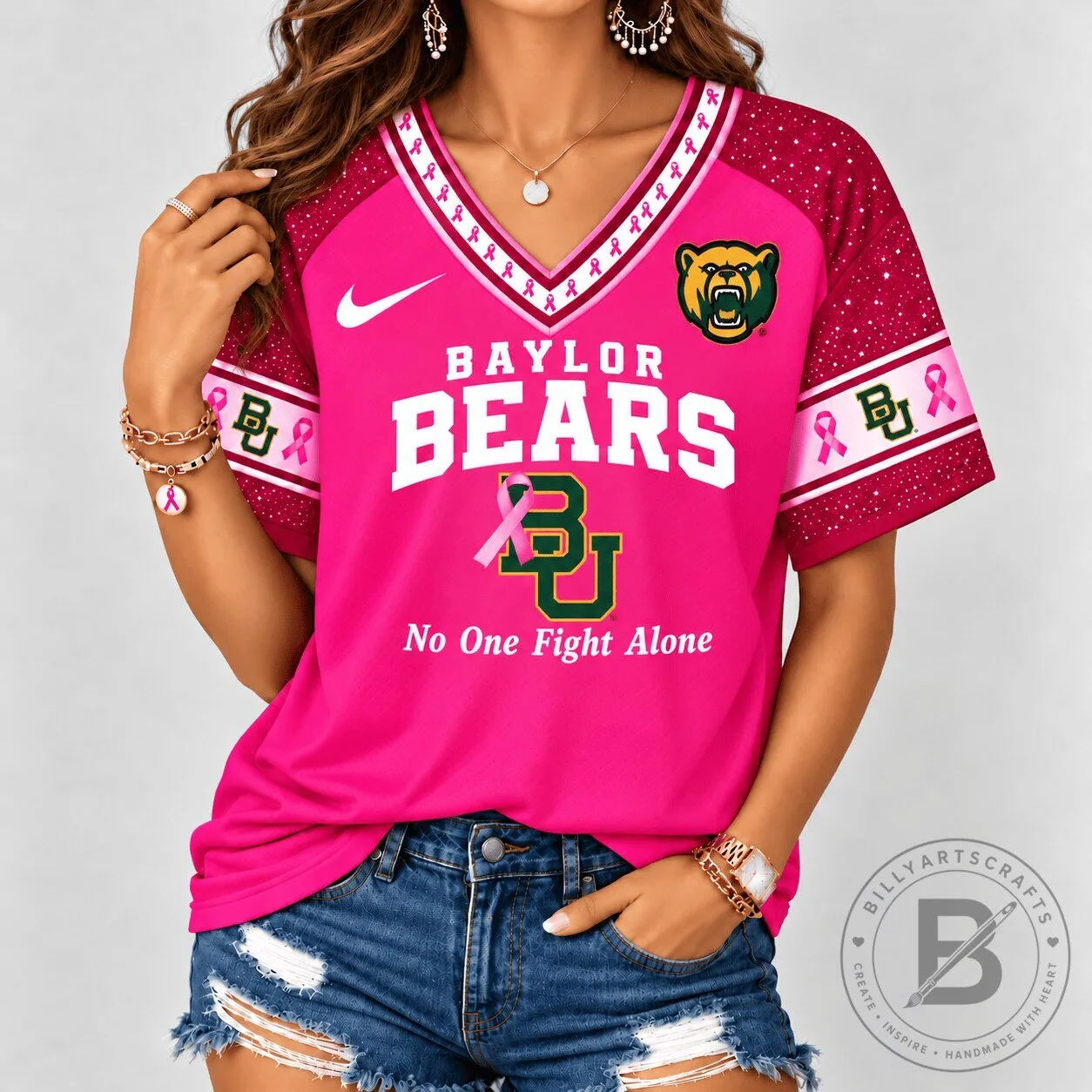 Baylor Bears No One Fights Alone Breast Cancer Awareness V-Neck T-Shirt
