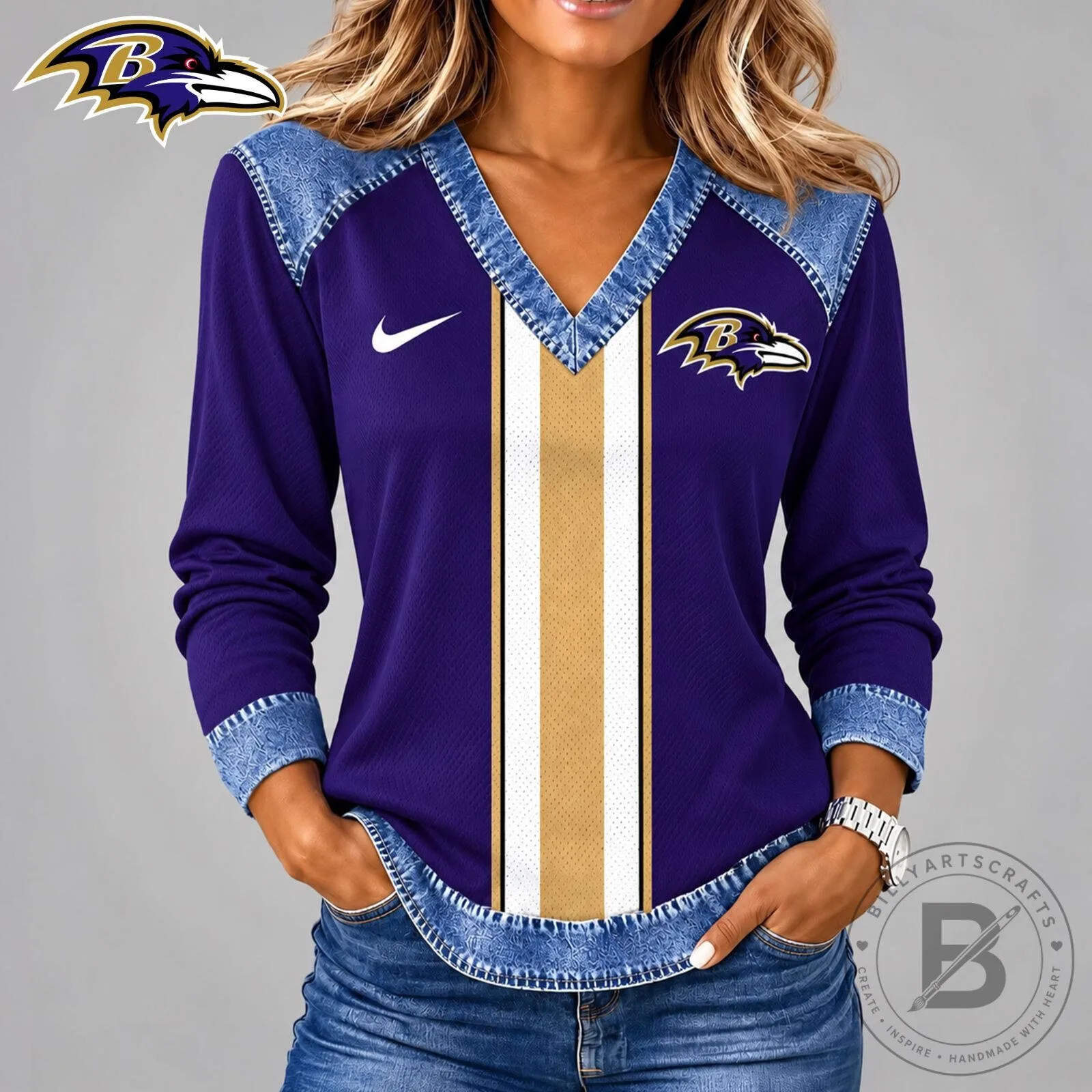 Baltimore Ravens NFL Football Team Vintage Style Long Sleeve V-Neck Shirt 2 Baltimore Ravens NFL Football Team Vintage Style Long Sleeve V-Neck Shirt
