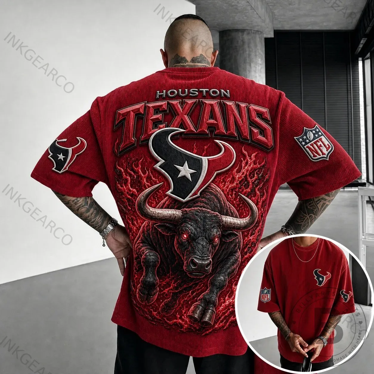 Houston Texans NFL Football Team Bull Logo Red Corduroy Oversized T-Shirt