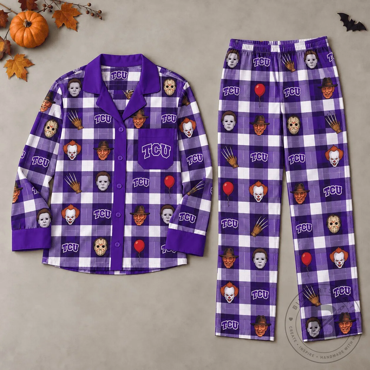 Texas Christian University Horned Frogs Halloween Horror Movie Characters Pajamas Set