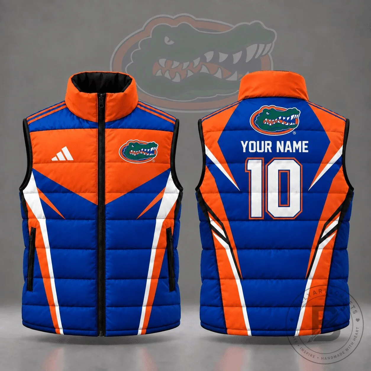 Florida Gators NCAA Custom Name Number Geometric Colorblock Puffer Vest