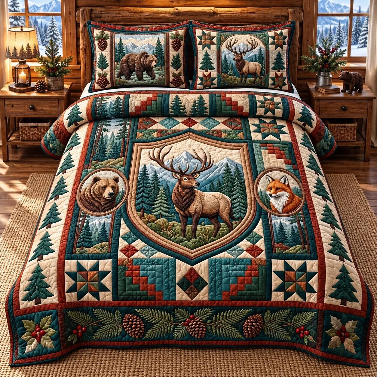 Forest Wildlife Patchwork Quilted Bedding Set