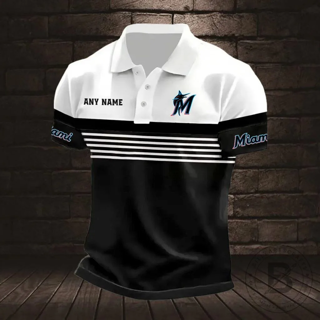 Miami Marlins Personalized Name Black and White Striped Polo Shirt 8 Miami Marlins Personalized Name Black and White Striped Polo Shirt