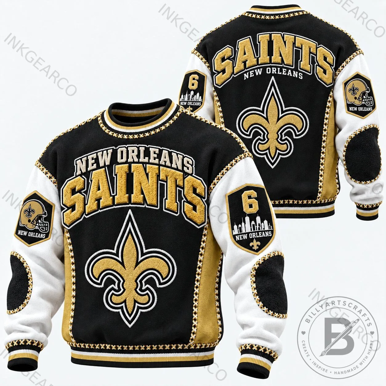 Black, Gold, and White Crewneck Sweatshirt for New Orleans Saints Football Team