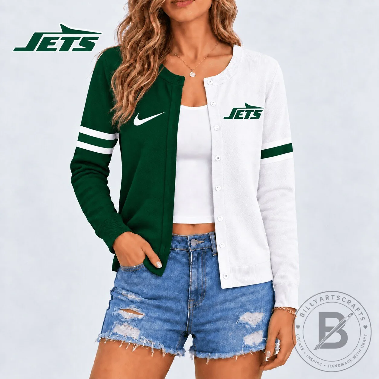 New York Jets NFL Team Spirit Green and White Cardigan for Women