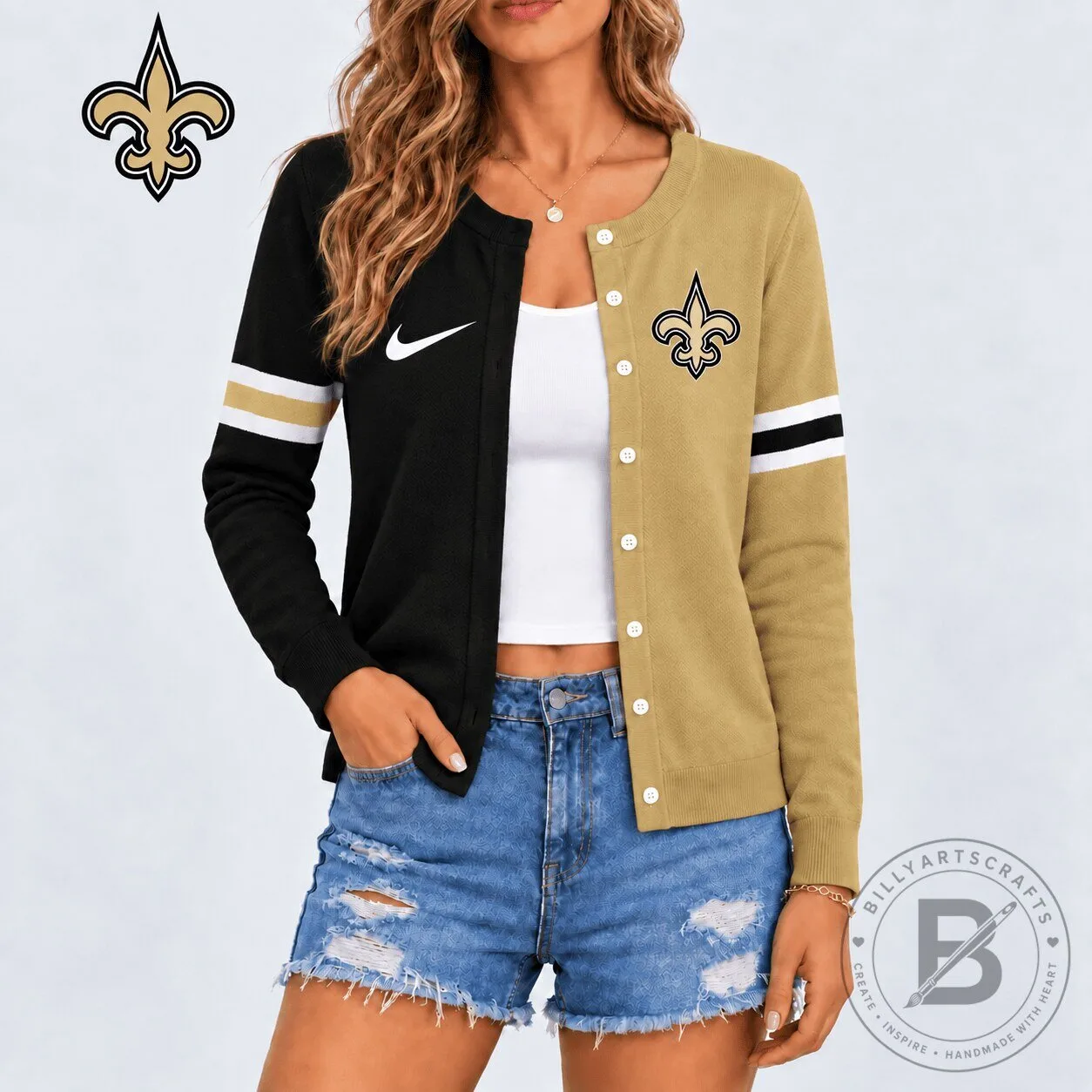 New Orleans Saints NFL Team Spirit Cardigan for Women, Black and Gold Knit Sweater