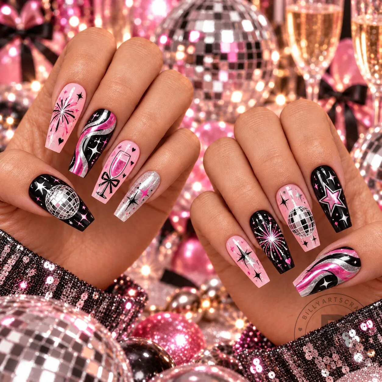New Year Disco Glam Pink and Black Sparkle Celebration Press-On Nails Set