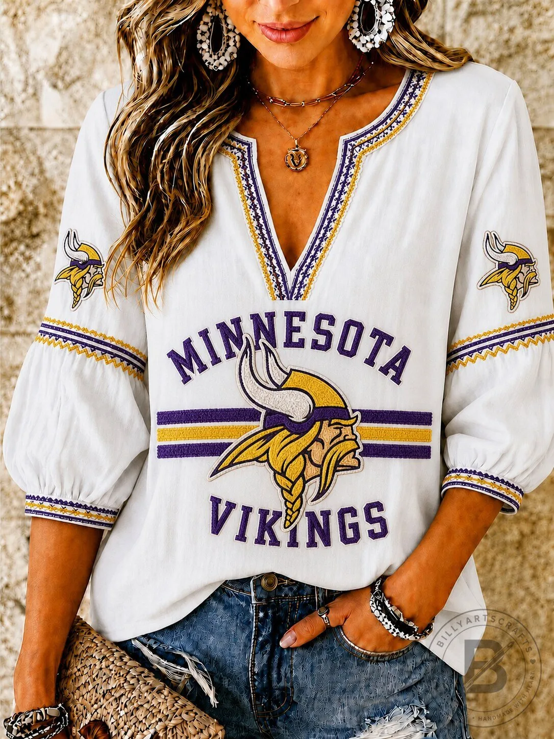 Minnesota Vikings Embroidered V-Neck Long Sleeve Shirt for Women 5 Minnesota Vikings Embroidered V-Neck Long Sleeve Shirt for Women