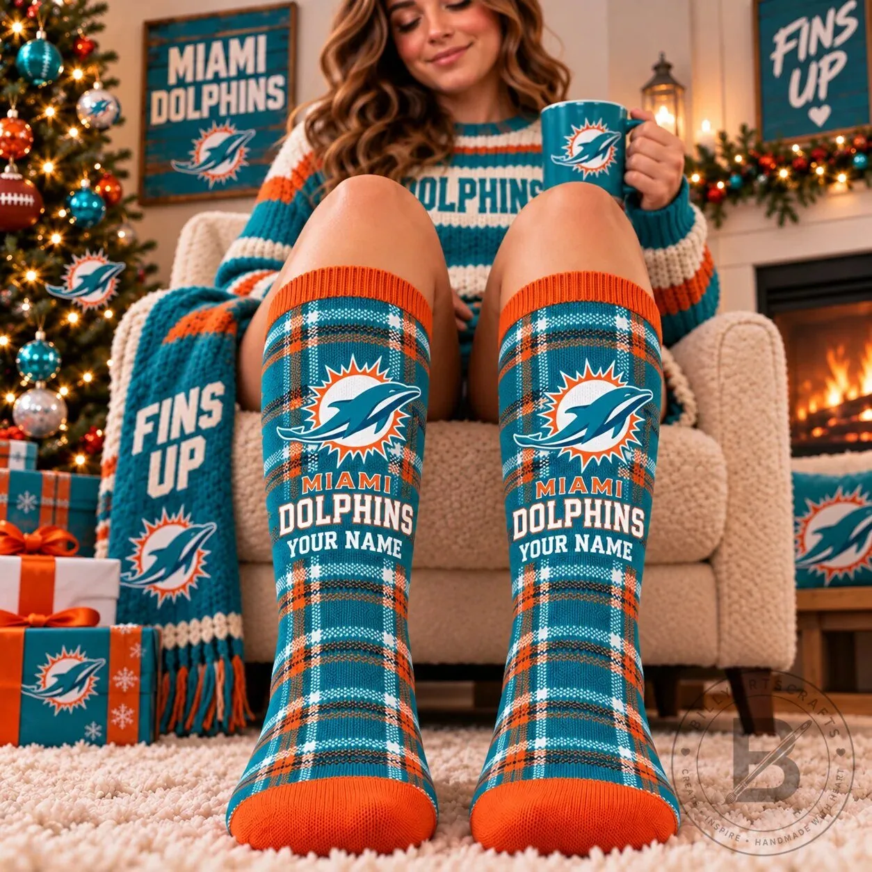 Miami Dolphins Personalized Plaid Pattern Fan Socks
