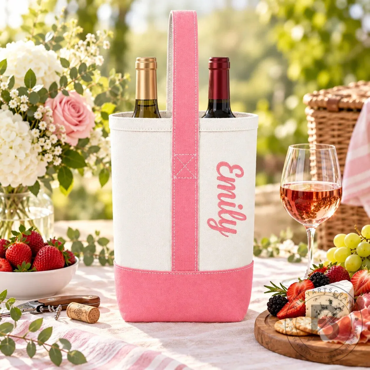 Personalized Wine Bottle Carrier Tote Bag with Custom Name Embroidery