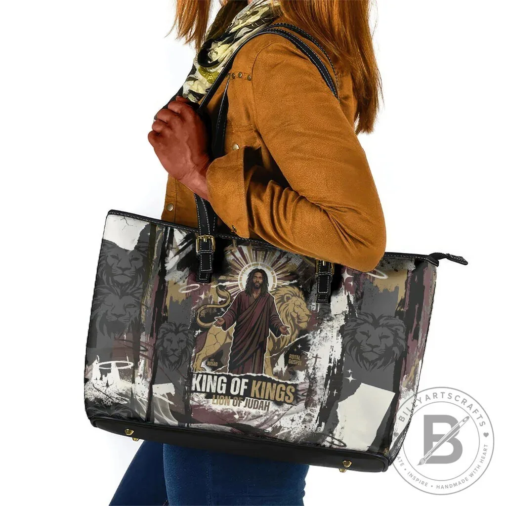 King of Kings Lion of Judah Jesus Christ Religious Faith Leather Tote Bag