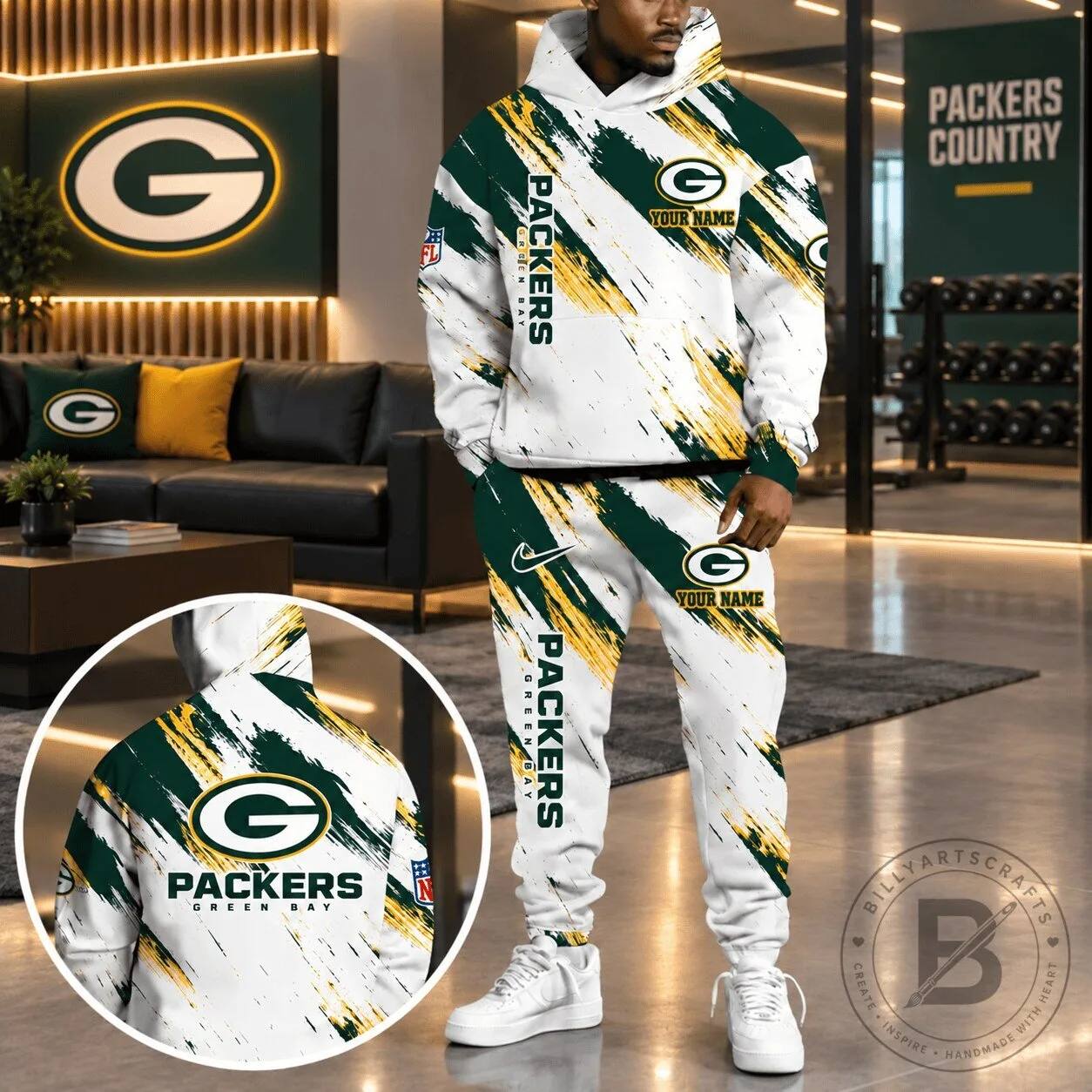 Green Bay Packers Personalized NFL Team White and Gold Brush Stroke Hoodie
