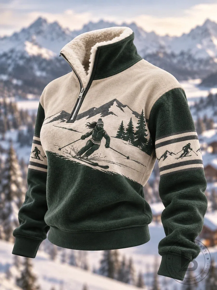 Skiing Mountain Landscape Women's Winter Fleece Quarter Zip Pullover Sweatshirt