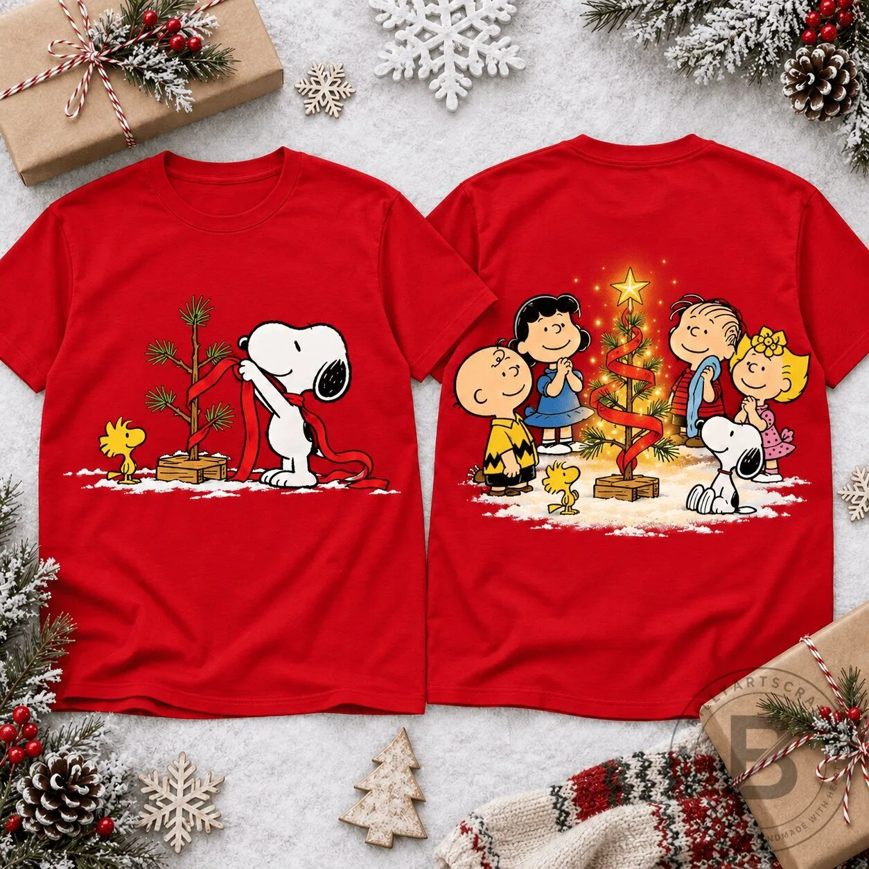 Snoopy Charlie Brown Christmas Tree Holiday Celebration Red T-Shirt